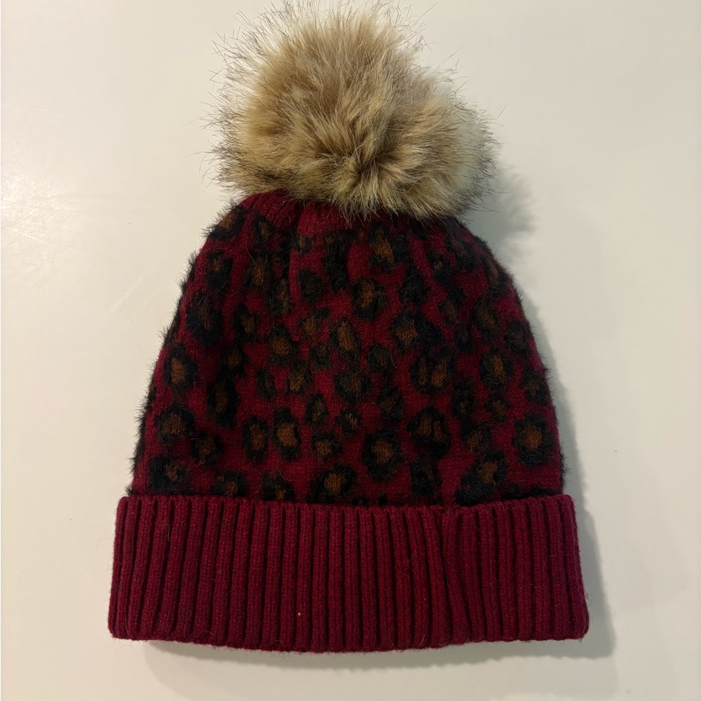 Leopard Print Beanie with Pom Pom